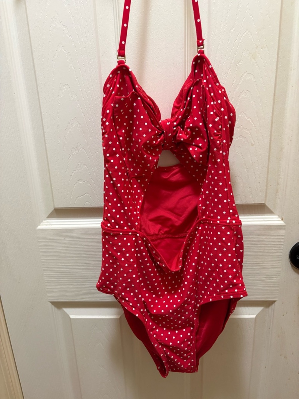 Betsey Johnson Red Polka Dot One Piece Swimsuit Size M Retro Pin Up Bow Cutout